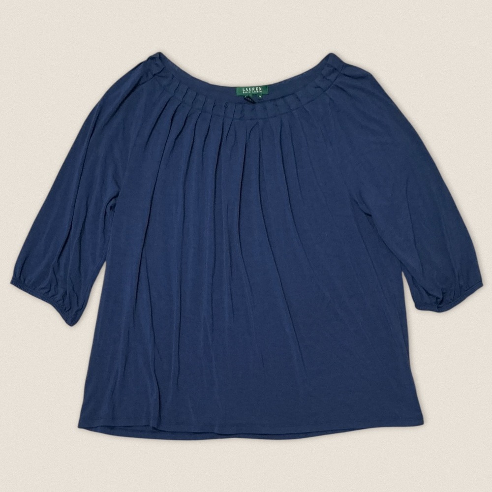 Lauren Ralph Lauren Blue Pleated Scoop Boat Neck 3/4 Sleeve Top - Plus Size 3X